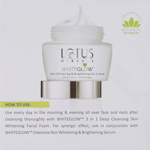 Lotus Herbals White Glow Skin Brightening & Whitening Gel Creme SPF 25 PA+++, 60 gm