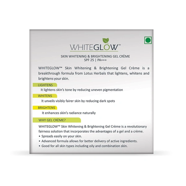 Lotus Herbals White Glow Skin Brightening & Whitening Gel Creme SPF 25 PA+++, 60 gm