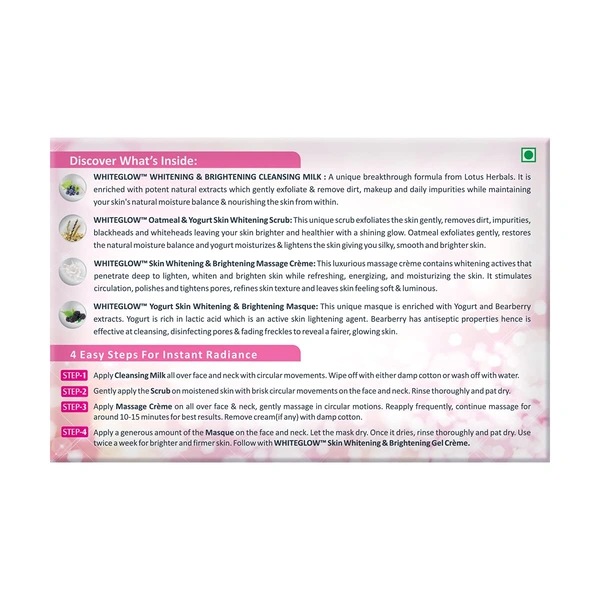Lotus Herbals Whiteglow Insta Glow 4 In 1 Facial Kit, 160g | Instant Brightening and Radiance | lighten dark spots | Provides hydration