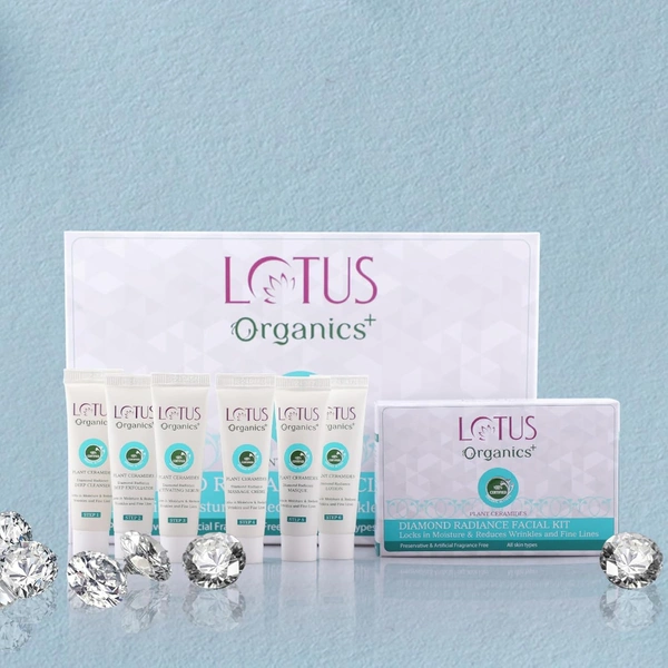 Lotus Organics Diamond Radiance Facial Kit 54g Pack Of 4| With 100% Certified Plant Ceramide & Diamond Dust | Deep Hydration, Anti-Ageing & Skin Tightening | All Skin Types