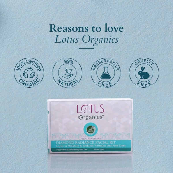 Lotus Organics Diamond Radiance Facial Kit 54g Pack Of 4| With 100% Certified Plant Ceramide & Diamond Dust | Deep Hydration, Anti-Ageing & Skin Tightening | All Skin Types