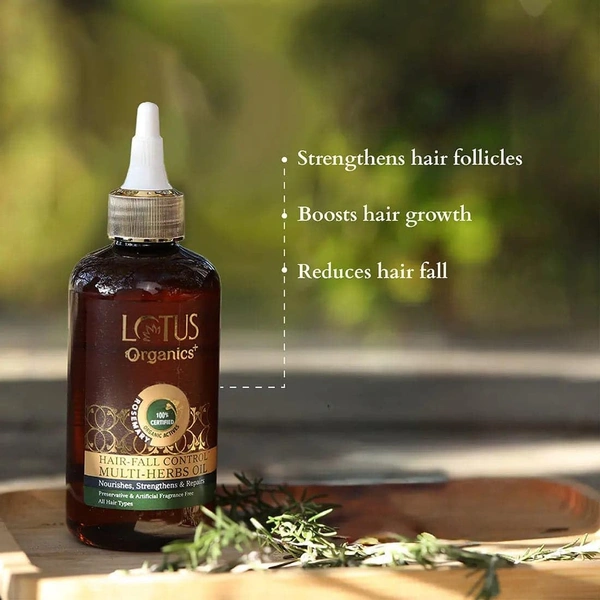 Lotus Organics+ Hair Fall Control Multi-Herbs Oil 200ml | Enriched with 100% Certified Organic Rosemary, Bhringraj & Amla | Strengthens Roots | Reduces Hair Fall | Promotes Growth Naturally