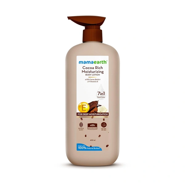 Mamaearth Cocoa Rich Moisturizing Body Lotion | with Cocoa Butter & VitaminE | for Deep 48H Moisturization | For Very Dry Skin | 7in1 Total Care | Made with 100% Natural Butter | Non-Greasy Formula | Natural ingredients body lotion | 400ml