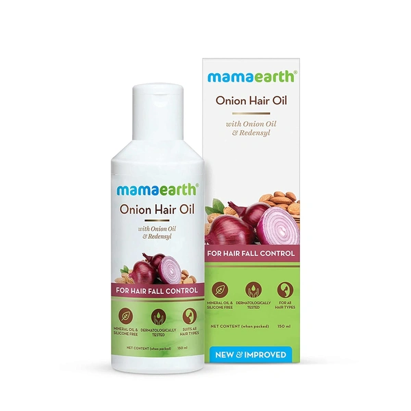 Mamaearth Onion Hair Oil 150ml | with Redensyl for Hair Fall Control | Mineral Oil & Silicon Free | Strength & Shiny Hair | Improves Scalp Health | Non-Greasy | Thicker & Healthier Hair | for All Hair Types