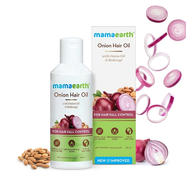 Mamaearth Onion Hair Oil 150ml | with Redensyl for Hair Fall Control | Mineral Oil & Silicon Free | Strength & Shiny Hair | Improves Scalp Health | Non-Greasy | Thicker & Healthier Hair | for All Hair Types