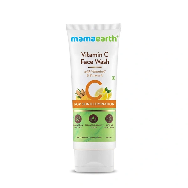 Mamaearth Vitamin C Face Wash 100ml | with Vitamin C and Turmeric for Skin Illumination | Paraben & SLS Free | Brightens Skin | Reduces Dark Spots | Even Skin Tones | Natural Glowing Skin | Anti-Acne Face | For All Skin Types
