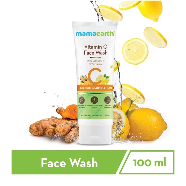 Mamaearth Vitamin C Face Wash 100ml | with Vitamin C and Turmeric for Skin Illumination | Paraben & SLS Free | Brightens Skin | Reduces Dark Spots | Even Skin Tones | Natural Glowing Skin | Anti-Acne Face | For All Skin Types