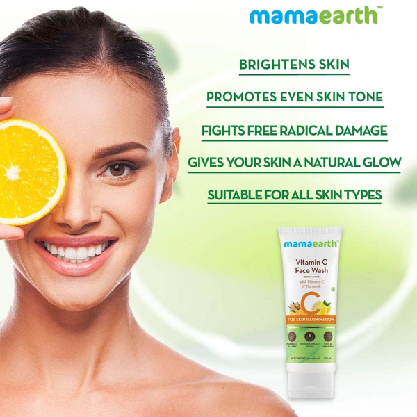 Mamaearth Vitamin C Face Wash 100ml | with Vitamin C and Turmeric for Skin Illumination | Paraben & SLS Free | Brightens Skin | Reduces Dark Spots | Even Skin Tones | Natural Glowing Skin | Anti-Acne Face | For All Skin Types