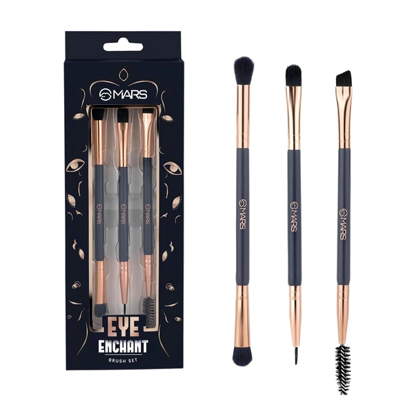 Mars Eye Enchanted Dual-Ended Brush 3 Set |Eye Makeup Essentials | Eyebrow | Blending | Crease Brushes with Soft Bristles | Travel-Friendly Design