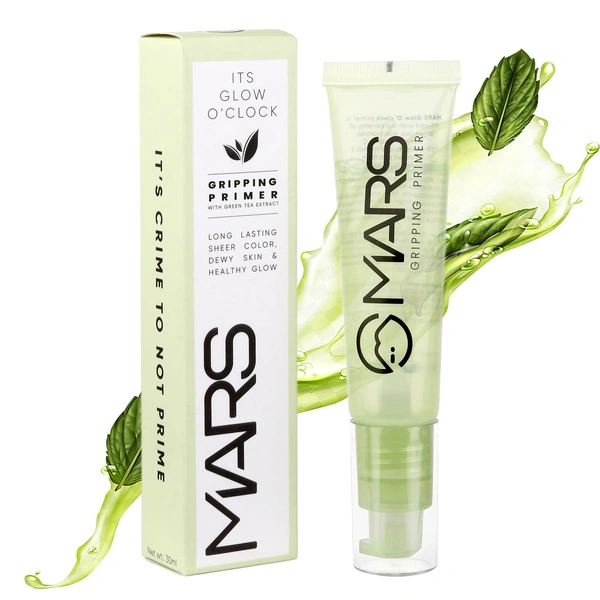 Mars Glow O' Clock Gel 30ml| Hydrating & Dewy Finish | Gripping Primer with Green Tea Extracts | Long-Lasting Power Grip | Smooth Makeup Base | Ideal for Dry Skin