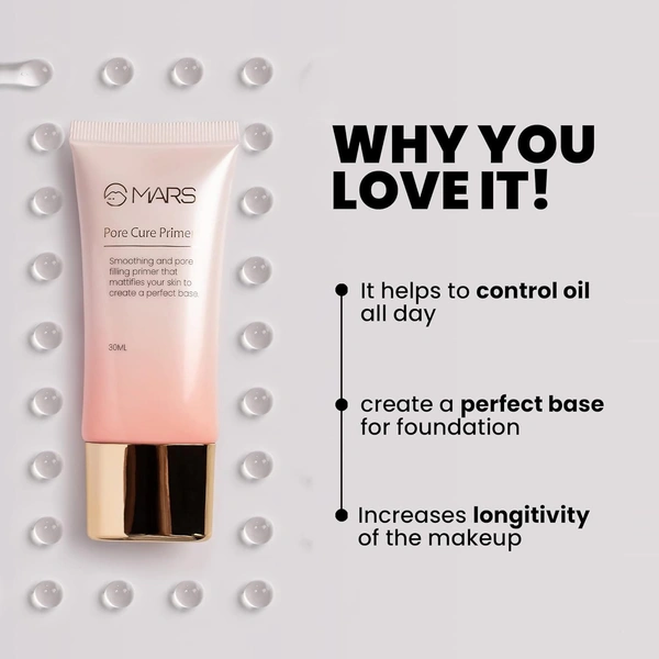 Mars Oil Control Pore Cure Primer 30ml | Minimizes Pores, Controls Oil & Shine | Smooth Base for Long-Lasting Makeup | Ideal for Oily and Combination Skin