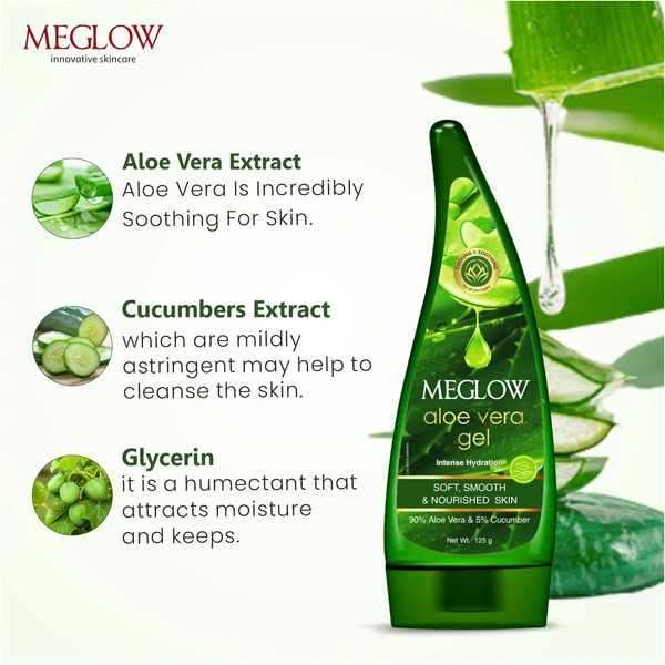 Meglow Aloe Vera Gel 125g for Face, Skin & Hair | Soothing, Hydrating & Refreshing Gel | Glowing Skin and Smooth Hair