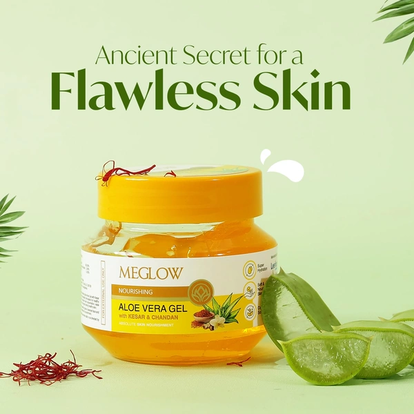 Meglow Nourishing Aloe Vera Gel 100g with Kesar Chandan | Pure Organic Aloe Vera Gel for Face | Ayurvedic Formula for Skin Nourishment & Glow