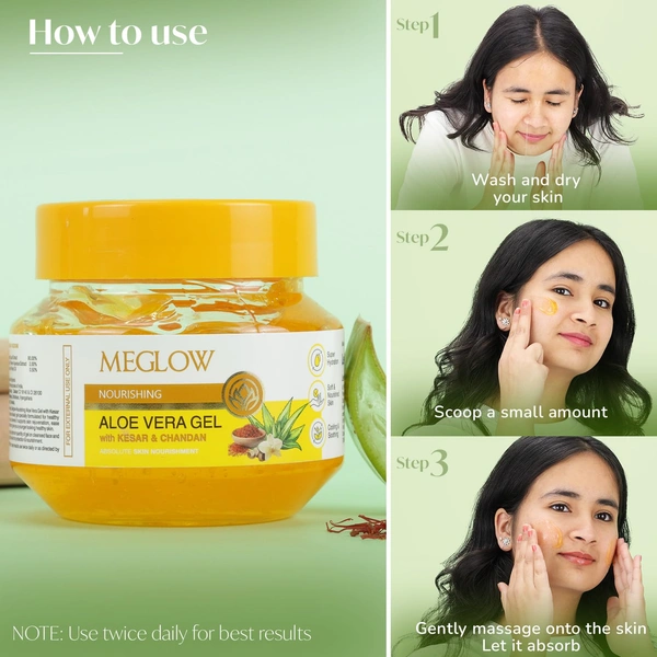 Meglow Nourishing Aloe Vera Gel 100g with Kesar Chandan | Pure Organic Aloe Vera Gel for Face | Ayurvedic Formula for Skin Nourishment & Glow
