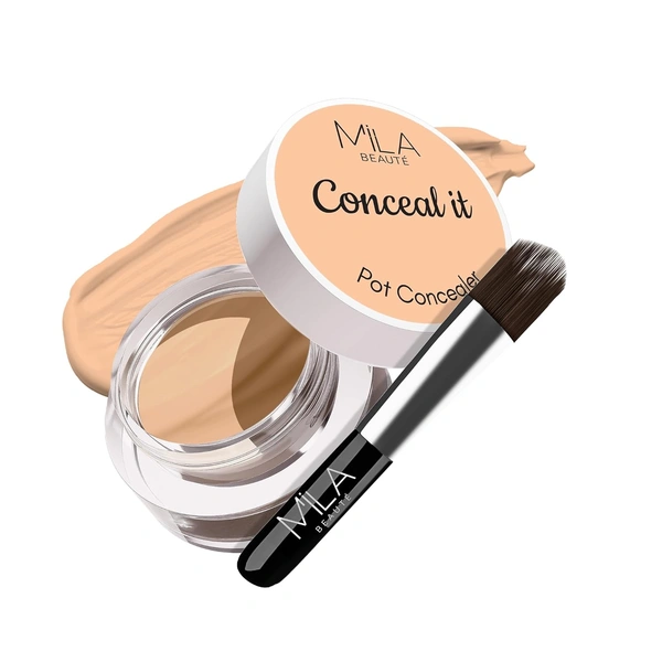 Mila Beaute Conceal It Pot Concealer with Brush (04 Medium Beige), 4g with Full Coverage & Lightweight | SPF 15 & Vitamin E | Crease-Free & Matte Finish for All Skin Types