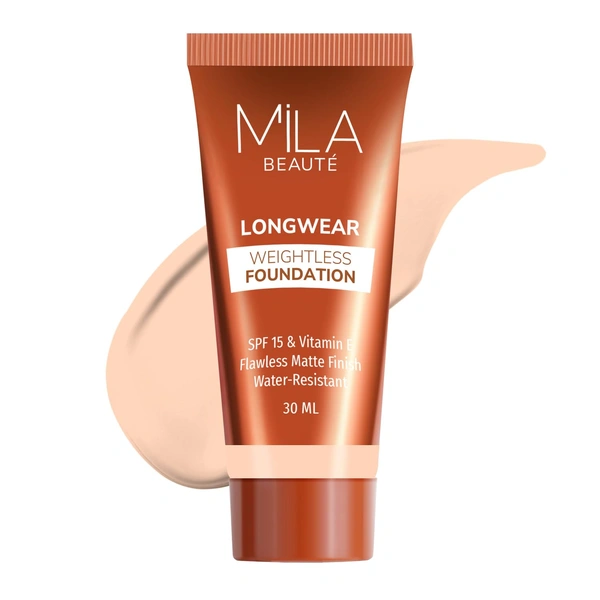 Mila Beaute Longwear Weightless Foundation (102 Ivory), 30ml | Full Coverage & Lightweight | Hydrating & Matte Finish | Long-Lasting & SPF 15 Protection