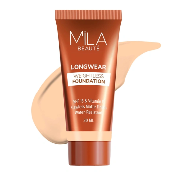 Mila Beaute Longwear Weightless Foundation (103 Light Beige), 30ml | Full Coverage & Lightweight | Hydrating & Matte Finish | Long-Lasting & SPF 15 Protection