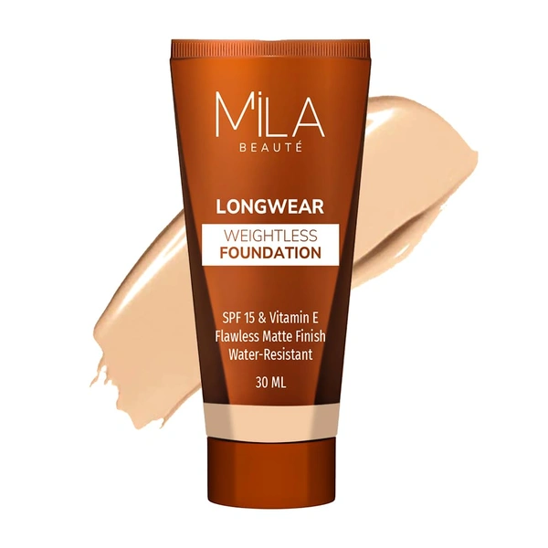 Mila Beaute Longwear Weightless Foundation (201 Natural), 30ml | Full Coverage & Lightweight | Hydrating & Matte Finish | Long-Lasting & SPF 15 Protection