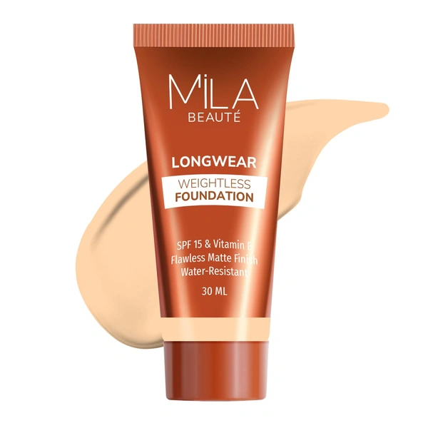 Mila Beaute Longwear Weightless Foundation (202 Pure Natural), 30ml | Full Coverage & Lightweight | Hydrating & Matte Finish | Long-Lasting & SPF 15 Protection