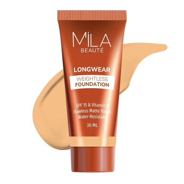 Mila Beaute Longwear Weightless Foundation (205 Natural Buff), 30ml | Full Coverage & Lightweight | Hydrating & Matte Finish | Long-Lasting & SPF 15 Protection