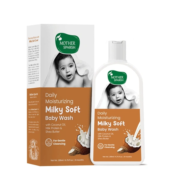 Mother Sparsh Milky Mineral Baby wash 200ml | Gentle & Hydrating Baby Body Wash with Milk Protein, Coconut Oil & Vitamin E | Dermatologically Tested, Tear-Free Formula