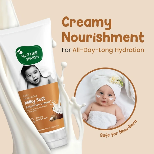 Mother Sparsh Milky Soft Baby Face Cream 50g| Daily Moisturizing Cream for Babies with Coconut Oil, Milk Protein & Vitamin B5 | Non-Sticky & Hydrating Baby Skincare