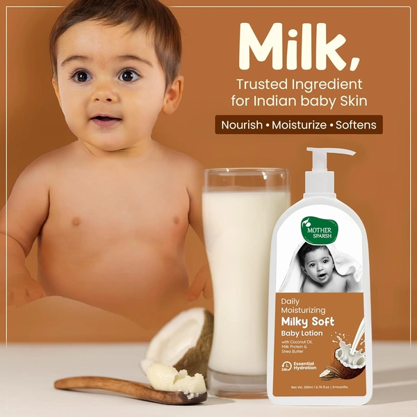 Mother Sparsh Milky Soft Baby Lotion 200ml | Deeply Moisturizes & Nourishes | Enriched with Coconut Oil, Milk Protein & Shea Butter | Gentle & Safe for Baby's Delicate Skin