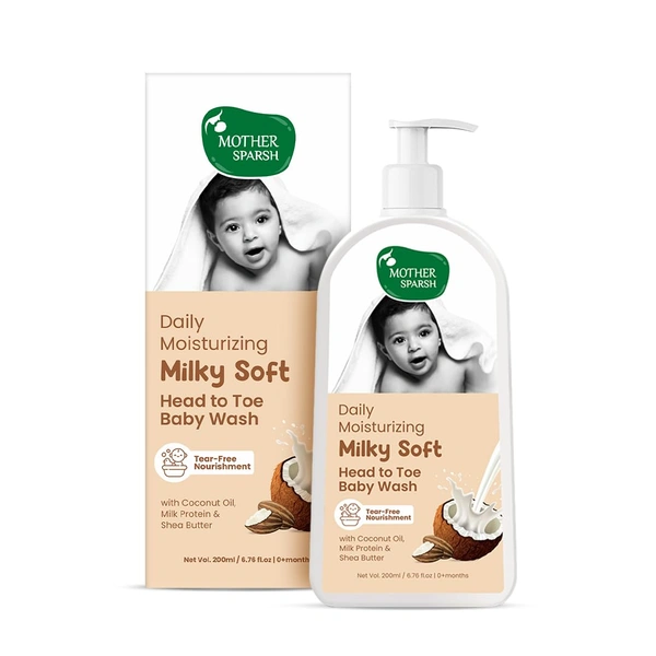 Mother Sparsh Milky Soft Head to Toe Baby Wash 200ml | Coconut based Cleanser & Milk protein, vitamin e | Gentle, Tear-Free Formula for Soft & Healthy Baby Skin