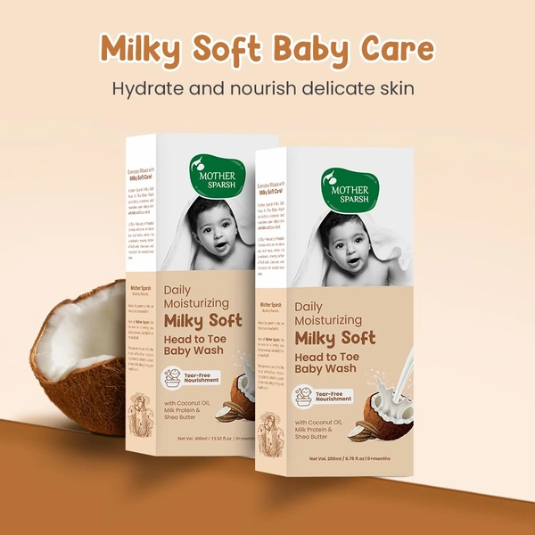 Mother Sparsh Milky Soft Head to Toe Baby Wash 200ml | Coconut based Cleanser & Milk protein, vitamin e | Gentle, Tear-Free Formula for Soft & Healthy Baby Skin