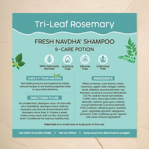 Nat Habit Navdha Rosemary Shampoo 125ml | Hair Fall Control | Sulphate & Paraben Free | Soy Fermented Gentle Cleanser with Amla, Reetha & Shikakai | Herbal & Chemical-Free