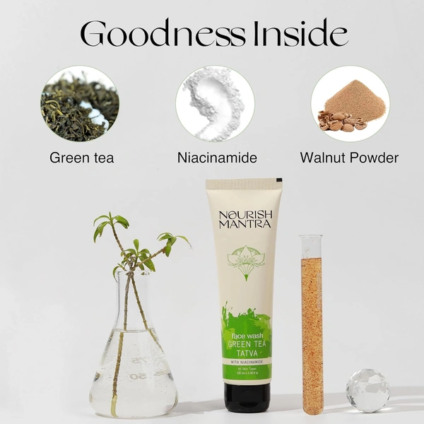 Nourish Mantra Green Tea Tatva Face Wash 100ml | With Green Tea, Walnut Powder & Niacinamide | 2-in-1 Exfoliating Cleanser | Oil Control | Sulfate & Paraben Free