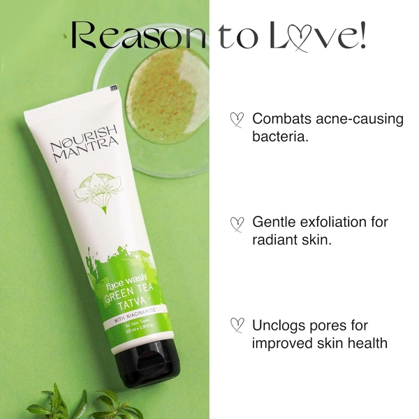 Nourish Mantra Green Tea Tatva Face Wash 100ml | With Green Tea, Walnut Powder & Niacinamide | 2-in-1 Exfoliating Cleanser | Oil Control | Sulfate & Paraben Free