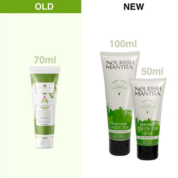 Nourish Mantra Green Tea Tatva Face Wash 50ml | With Green Tea, Walnut Powder & Niacinamide | 2-in-1 Exfoliating Cleanser | Oil Control | Sulfate & Paraben Free
