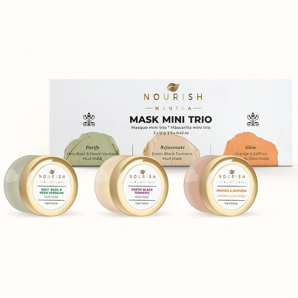 Nourish Mantra Mask Mini Trio Face Care Kit 36g | 3 Natural Mud Masks with Turmeric & Saffron, Neem | Brightening, Detoxifying & Anti-Aging for All Skin Types