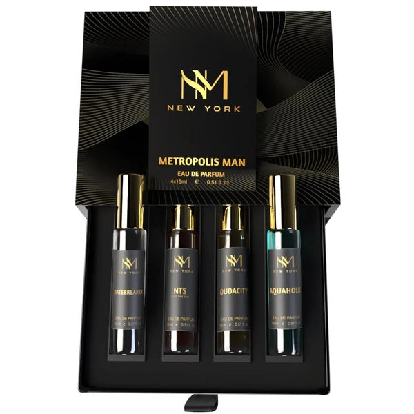 Nourish Mantra NM New York Metropolis Man Luxury Perfume Set of 4 15ml each set| Long Lasting Eau De Parfum | Premium Fragrance Gift Set | Vegan - Travel-Friendly - 60ml Total
