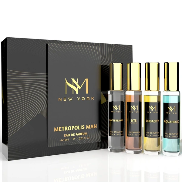 Nourish Mantra NM New York Metropolis Man Luxury Perfume Set of 4 15ml each set| Long Lasting Eau De Parfum | Premium Fragrance Gift Set | Vegan - Travel-Friendly - 60ml Total