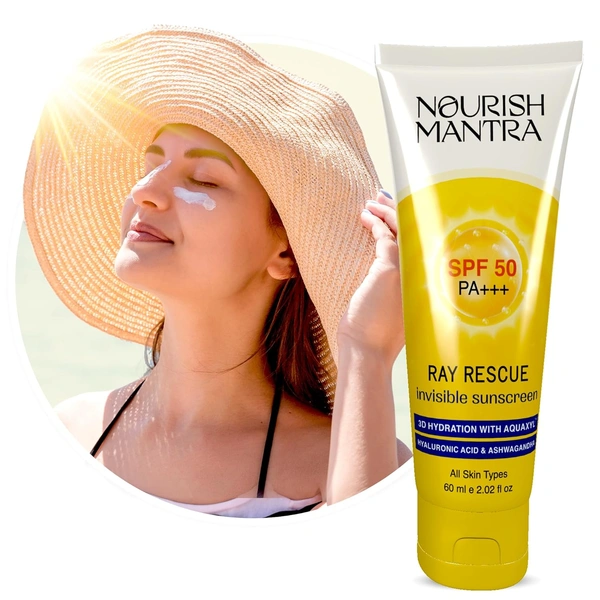 Nourish Mantra Ray Rescue Invisible Sunscreen SPF 50 PA+++ 60ml | With Hyaluronic Acid & Aloe Vera | Ashwagandha & No White Cast | Hydrating & Lightweight