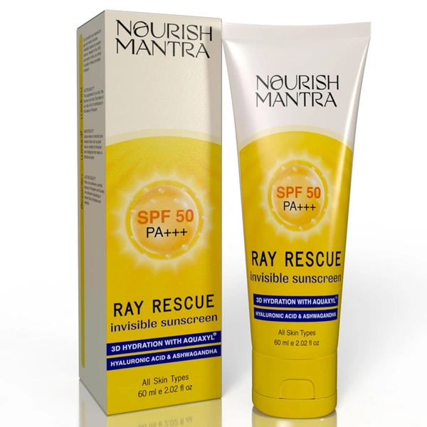 Nourish Mantra Ray Rescue Invisible Sunscreen SPF 50 PA+++ 60ml | With Hyaluronic Acid & Aloe Vera | Ashwagandha & No White Cast | Hydrating & Lightweight
