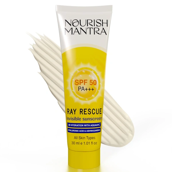 Nourish Mantra Ray Rescue Invisible Sunscreen SPF 50 PA+++ 30ml | With Hyaluronic Acid & Aloe Vera | Ashwagandha & No White Cast | Hydrating & Lightweight