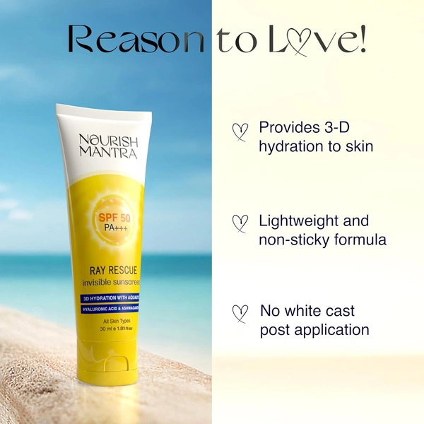 Nourish Mantra Ray Rescue Invisible Sunscreen SPF 50 PA+++ 30ml | With Hyaluronic Acid & Aloe Vera | Ashwagandha & No White Cast | Hydrating & Lightweight