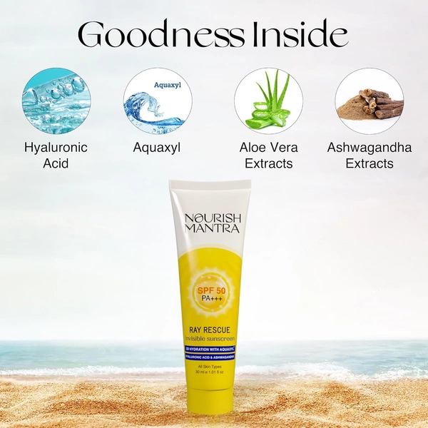 Nourish Mantra Ray Rescue Invisible Sunscreen SPF 50 PA+++ 30ml | With Hyaluronic Acid & Aloe Vera | Ashwagandha & No White Cast | Hydrating & Lightweight