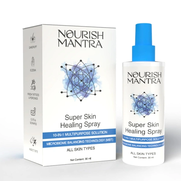 Nourish Mantra Super Skin Healing Spray 30ml | 10-in-1 Multipurpose Solution | Acne, Cuts & Dandruff | Psoriasis & Insect Bites, Bumps & More | Natural & Gentle