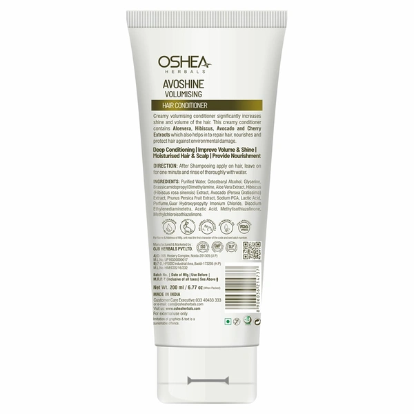 Oshea Avoshine Hair Conditioner 200 ml - Paraben & Silicone Free Deep Moisture Treatment Enriched with Avocado, Cherry, Hibiscus & Aloe Vera for Shiny, Silky, Voluminous Hair