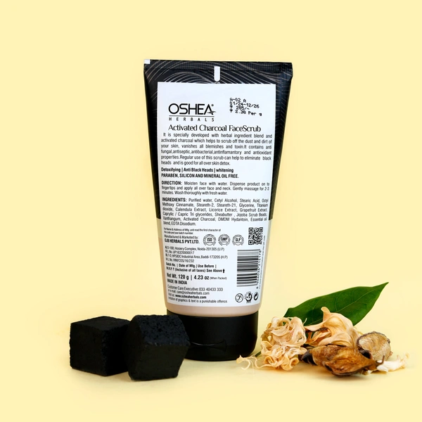 Oshea Herbals Activated Charcoal Face Scrub 120g | Deep Cleansing & Blackhead Removal | Skin Detox & Paraben-Free | Antioxidant-Rich Exfoliator for All Skin Types