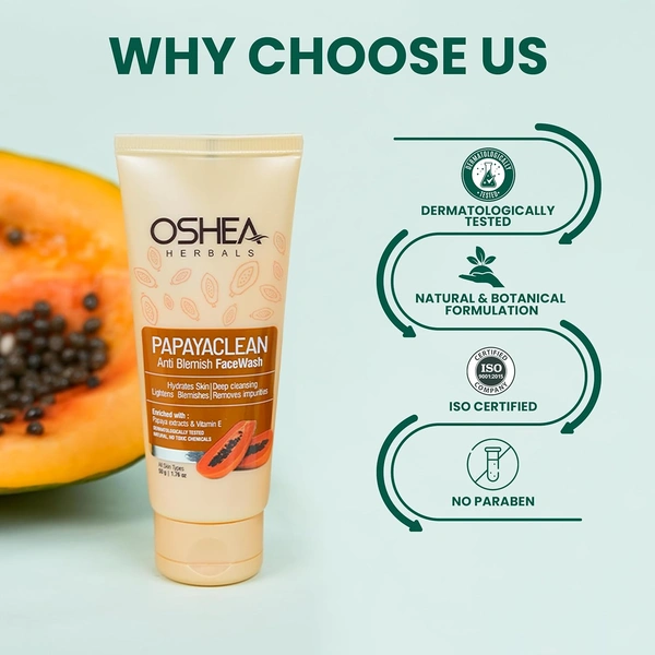 Oshea Herbals Papayaclean Anti Blemishes Face Wash 50gm | Enriched with Papaya & Vitamin E | Removes dark spost, Reduces Blemishes & Pigmentation For All Skin Types