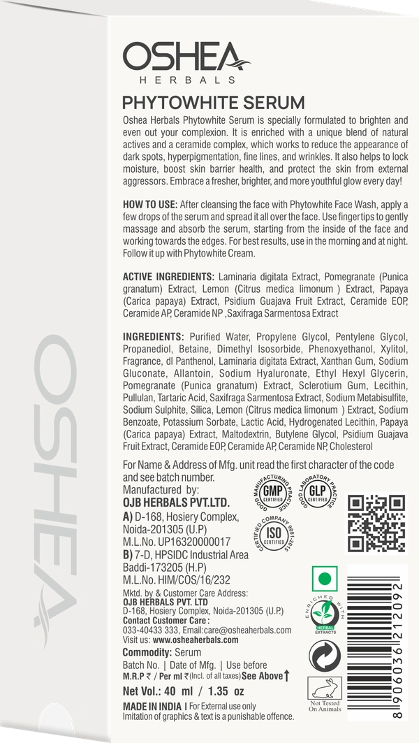 Oshea Herbals PhytoWHITE Brightening & Lightening Serum 40ml| Whitening Boost FormulaFades Dark Spots | Evens Skin Tone | Radiant Glow | Lightweight | Herbal Skin Brightener