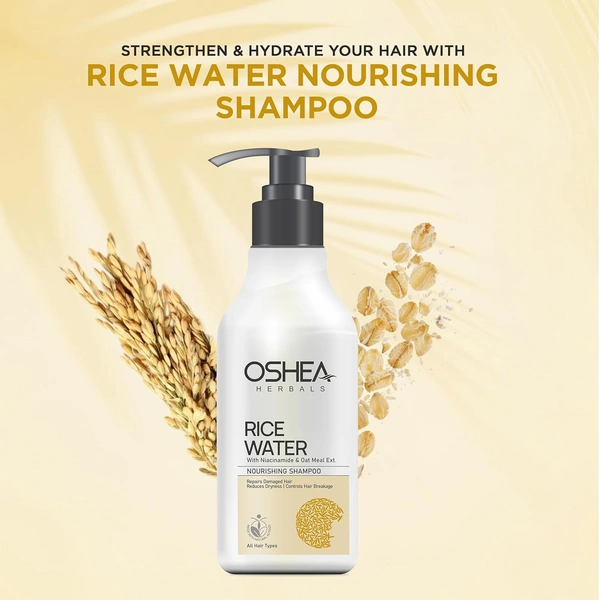 Oshea Herbals Rice Water Nourishing Shampoo 300 ml Enriched with Niacinamide, Oatmeal & Rice Water for Stronger, Smoother Hair | Deep Hydration & Repair| Controls Hair Breakage