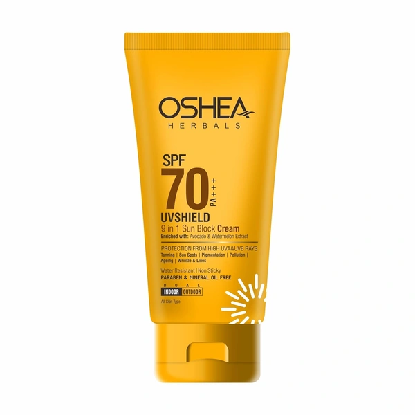 Oshea Herbals UVShield 9 in 1 Sun Block Cream SPF 70, 120ml with PA+++ | High SPF UVA & UVB Protection |Oil-Free & Hydrating | Brightening & Water-Resistant & Matte Finish Formula