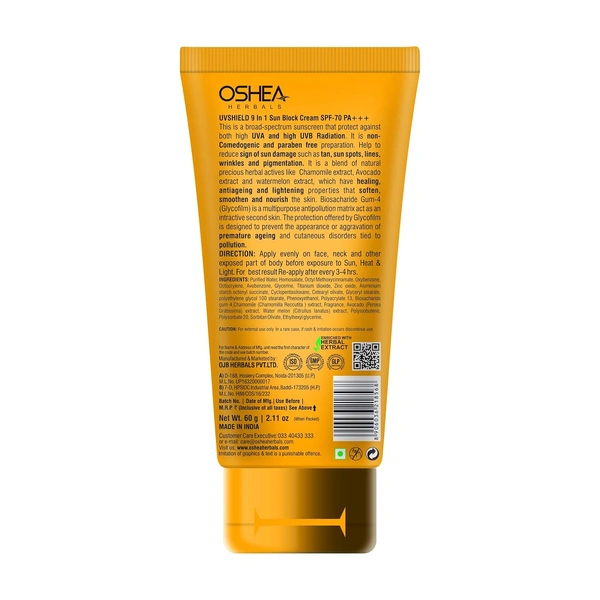 Oshea Herbals UVShield 9 in 1 Sun Block Cream SPF 70, 120ml with PA+++ | High SPF UVA & UVB Protection |Oil-Free & Hydrating | Brightening & Water-Resistant & Matte Finish Formula