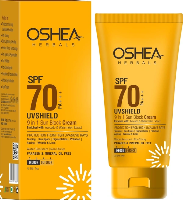 Oshea Herbals UVShield 9 in 1 Sun Block Cream SPF 70, 120ml with PA+++ | High SPF UVA & UVB Protection |Oil-Free & Hydrating | Brightening & Water-Resistant & Matte Finish Formula